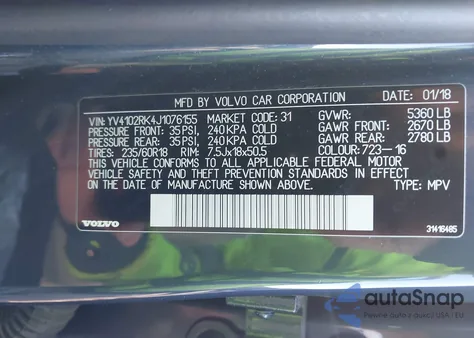 2018 Volvo Xc60 T5 Momentum z USA, uszkodzony, nr VIN YV4102RK4J1076155